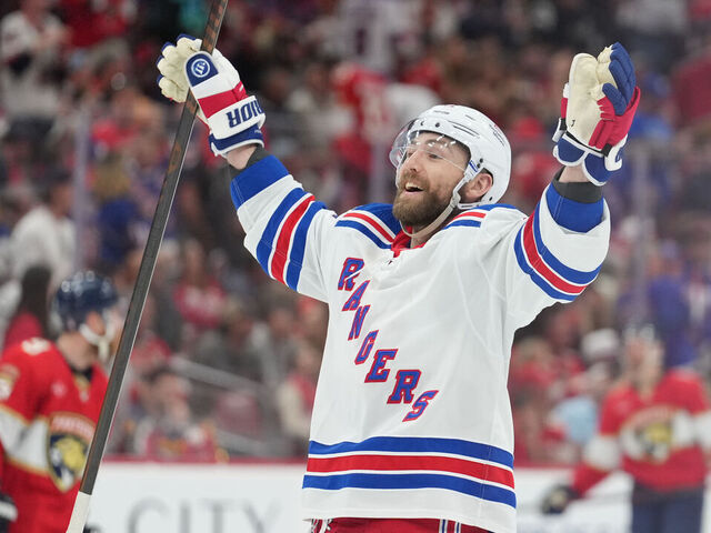 SUNRISE, FL - MAY 26: New York Rangers center Barclay Goodrow (21) celebrates an overtime goal during game three of the Eastern Conference Finals between the New York Rangers and the Florida Panthers on Sunday, May 26, 2025 at Amerant Bank Arena in Sunrise, Fla.