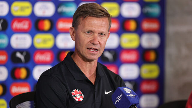 ATLANTA, GEORGIA - JUNE 19: Head coach of Canada Jesse Marsch speaks during a press conference ahead of CONMEBOL Copa America group stage against Argentina at Mercedes-Benz Stadium on June 19, 2024 in Atlanta, Georgia.