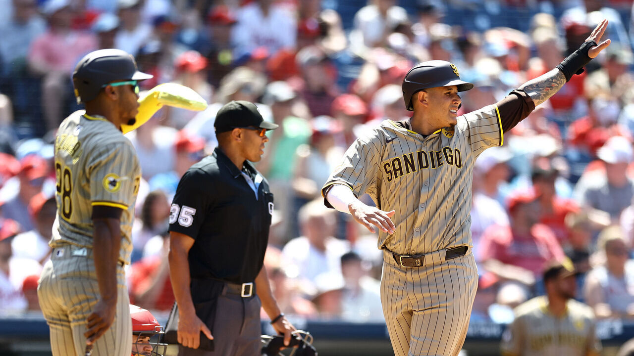 PHILADELPHIA, PENNSYLVANIA - JUNE 19: Manny Machado #13 of the San Diego Padres scores a run during the eighth inning against the Philadelphia Phillies at Citizens Bank Park on June 19, 2024 in Philadelphia, Pennsylvania.