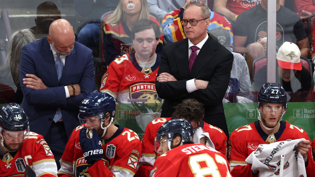 SUNRISE, FLORIDA - JUNE 18: Florida Panthers head coach Paul Maurice looks on during the second period against the Edmonton Oilers in Game Five of the 2024 Stanley Cup Final at Amerant Bank Arena on June 18, 2024 in Sunrise, Florida.
