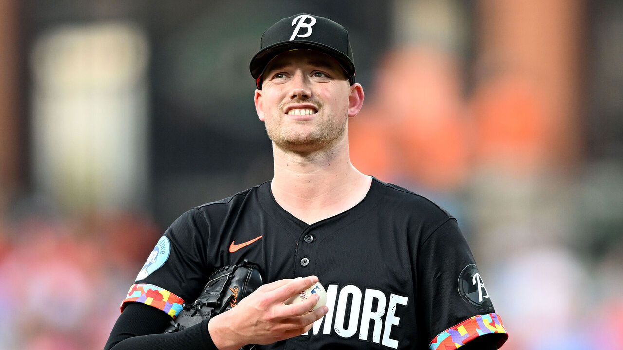 BALTIMORE, MARYLAND - JUNE 14: Kyle Bradish #38 of the Baltimore Orioles pitches against the Philadelphia Phillies at Oriole Park at Camden Yards on June 14, 2024 in Baltimore, Maryland.