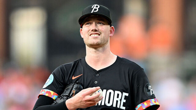 BALTIMORE, MARYLAND - JUNE 14: Kyle Bradish #38 of the Baltimore Orioles pitches against the Philadelphia Phillies at Oriole Park at Camden Yards on June 14, 2024 in Baltimore, Maryland.