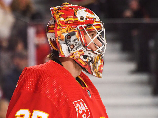 CALGARY, CANADA - MARCH 2: Jacob Markstrom #25 of the Calgary Flames in action against the Pittsburgh Penguins during an NHL game at Scotiabank Saddledome on March 2, 2024 in Calgary, Alberta, Canada. The Flames defeated the Penguins 4-3.