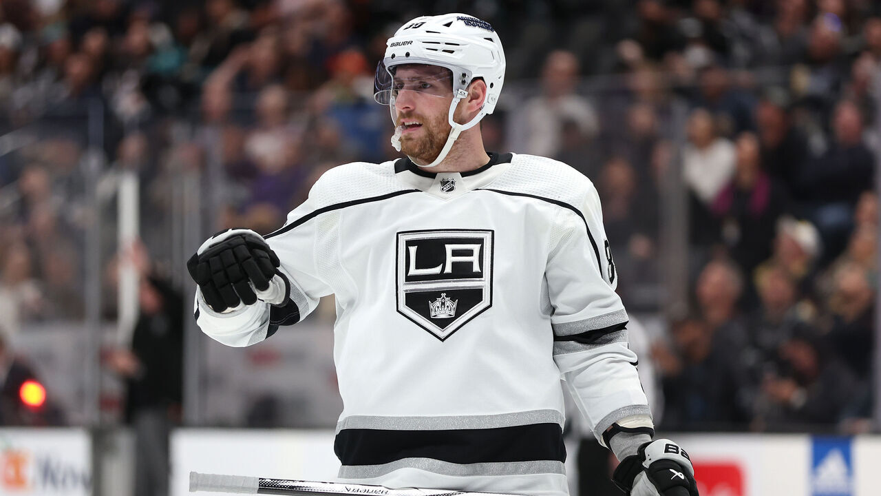 ANAHEIM, CALIFORNIA - APRIL 09: Pierre-Luc Dubois #80 of the Los Angeles Kings looks on during the third period of a game against the Anaheim Ducks at Honda Center on April 09, 2024 in Anaheim, California.