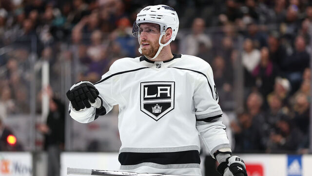 ANAHEIM, CALIFORNIA - APRIL 09: Pierre-Luc Dubois #80 of the Los Angeles Kings looks on during the third period of a game against the Anaheim Ducks at Honda Center on April 09, 2024 in Anaheim, California.