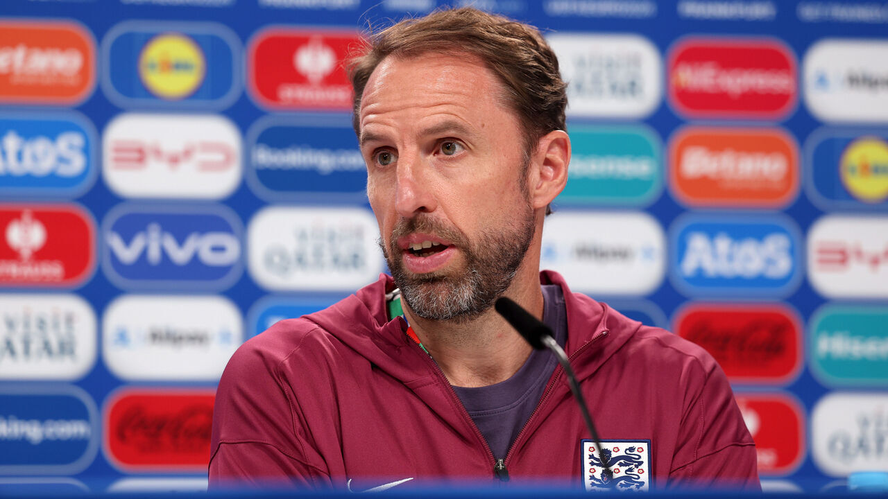 FRANKFURT AM MAIN, GERMANY - JUNE 19: Gareth Southgate, Manager of England men's senior team, talks to the media during a press conference at Frankfurt Arena on June 19, 2024 in in Frankfurt am Main, Germany.