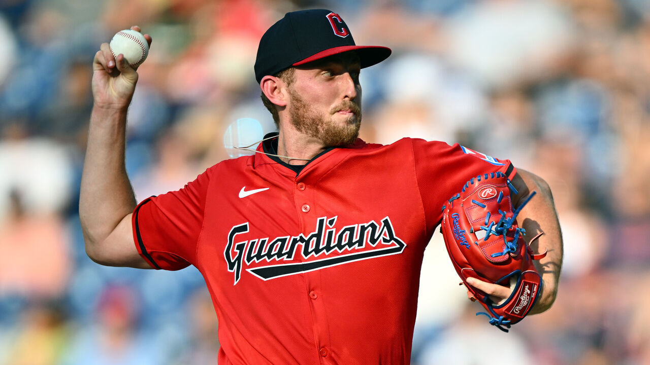 CLEVELAND, OHIO - JUNE 19: Starting pitcher Tanner Bibee #28 of the Cleveland Guardians pitches during the first inning against the Seattle Mariners at Progressive Field on June 19, 2024 in Cleveland, Ohio.