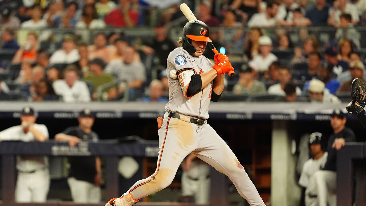 BRONX, NY - JUNE 19: Baltimore Orioles Shortstop Gunnar Henderson (2) gets hit by a pitch during the seventh inning of a Major League Baseball game between the Baltimore Orioles and the New York Yankees on June 19, 2024, at Yankee Stadium in the Bronx, NY.