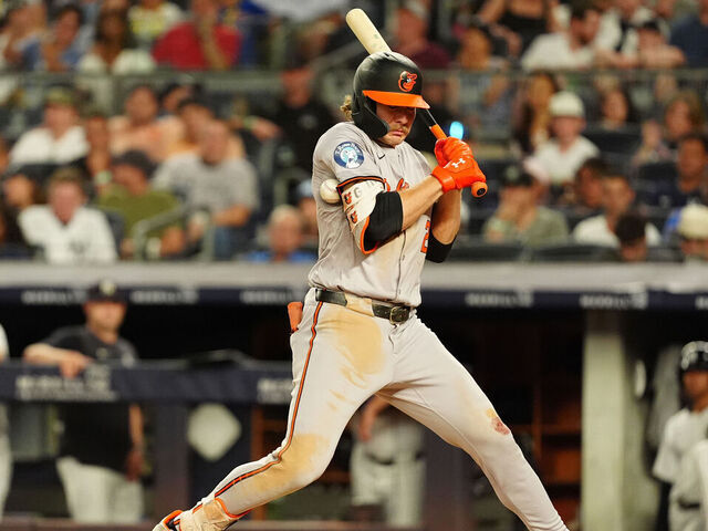 BRONX, NY - JUNE 19: Baltimore Orioles Shortstop Gunnar Henderson (2) gets hit by a pitch during the seventh inning of a Major League Baseball game between the Baltimore Orioles and the New York Yankees on June 19, 2024, at Yankee Stadium in the Bronx, NY.