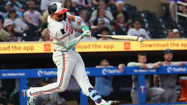 MINNEAPOLIS, MINNESOTA - JUNE 16: Royce Lewis #23 of the Minnesota Twins breaks his bat in the eighth inning during a game against the Oakland Athletics at Target Field on June 16, 2024 in Minneapolis, Minnesota. The Minnesota Twins defeated the Oakland Athletics 8-7.
