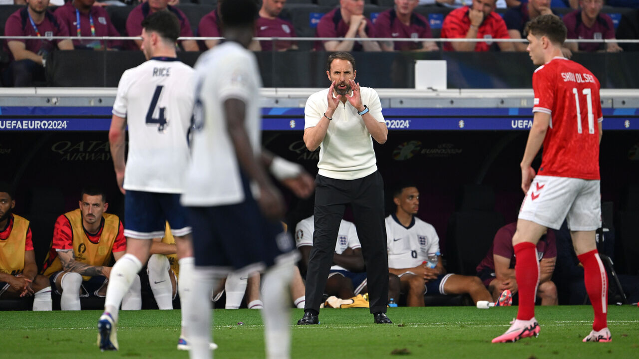 FRANKFURT AM MAIN, GERMANY - JUNE 20: Gareth Southgate, Head Coach of England, shouts instructions during the UEFA EURO 2024 group stage match between Denmark and England at Frankfurt Arena on June 20, 2024 in Frankfurt am Main, Germany.