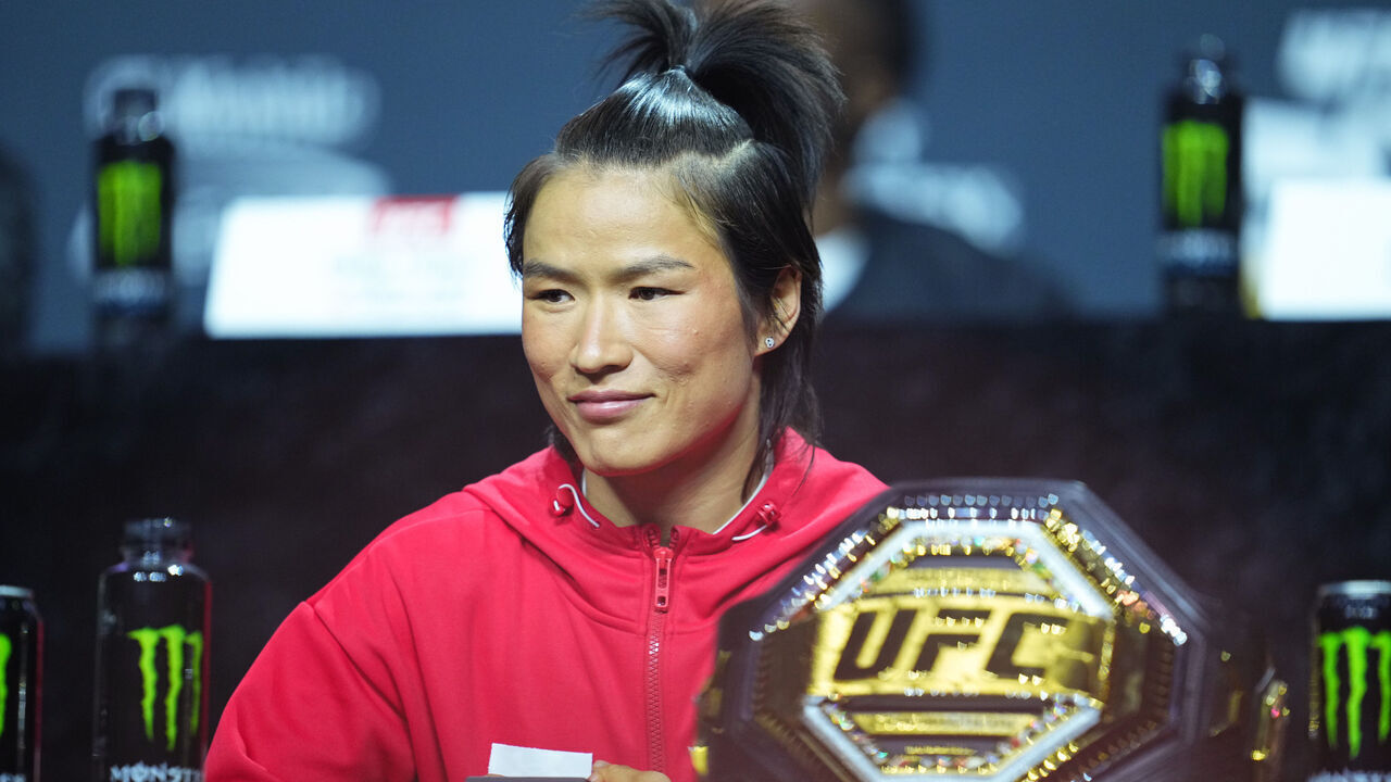 LAS VEGAS, NEVADA - APRIL 11: Zhang Weili of China is seen on stage during the UFC 300 press conference at MGM Grand Garden Arena on April 11, 2024 in Las Vegas, Nevada.