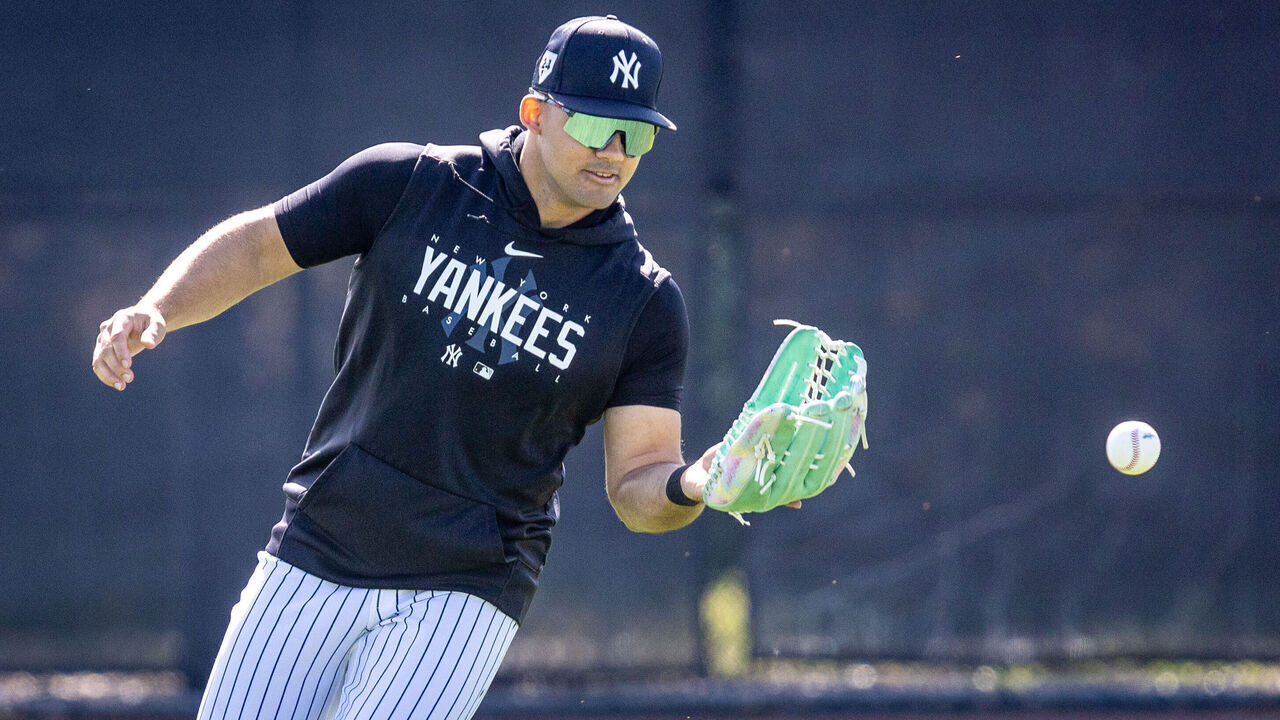 Tampa, Florida" New York Yankees Jasson Dominguez taking part in outfield drills during spring training in George M. Steinbrenner Field in Tampa, Florida on February 23, 2024.