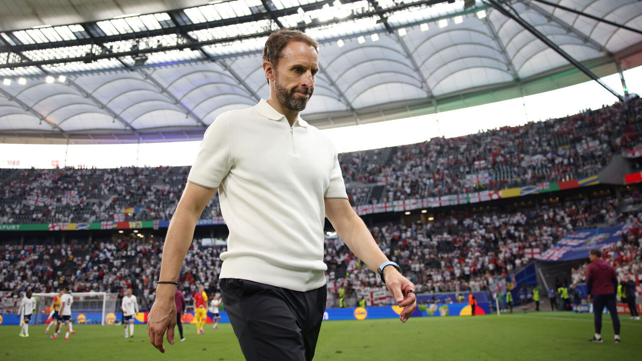 FRANKFURT AM MAIN, GERMANY - JUNE 20: Gareth Southgate, Head Coach of England, shows dejection after a draw in the UEFA EURO 2024 group stage match between Denmark and England at Frankfurt Arena on June 20, 2024 in Frankfurt am Main, Germany.