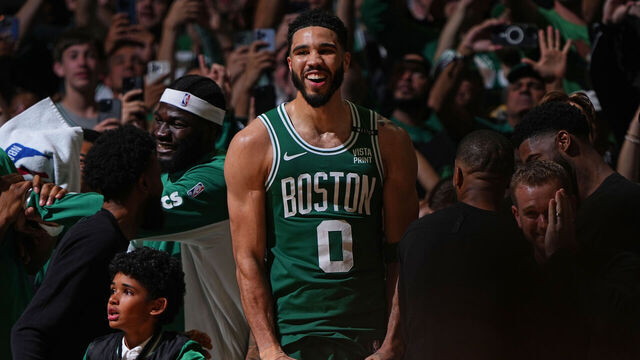 BOSTON, MA - JUNE 17: Jayson Tatum #0 of the Boston Celtics celebrates during the game against the Dallas Mavericks during Game 5 of the 2024 NBA Finals on June 17, 2024 at the TD Garden in Boston, Massachusetts. Mandatory Copyright Notice: Copyright 2024 NBAE