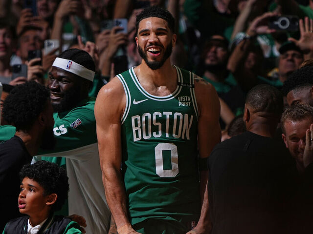 BOSTON, MA - JUNE 17: Jayson Tatum #0 of the Boston Celtics celebrates during the game against the Dallas Mavericks during Game 5 of the 2024 NBA Finals on June 17, 2024 at the TD Garden in Boston, Massachusetts. Mandatory Copyright Notice: Copyright 2024 NBAE