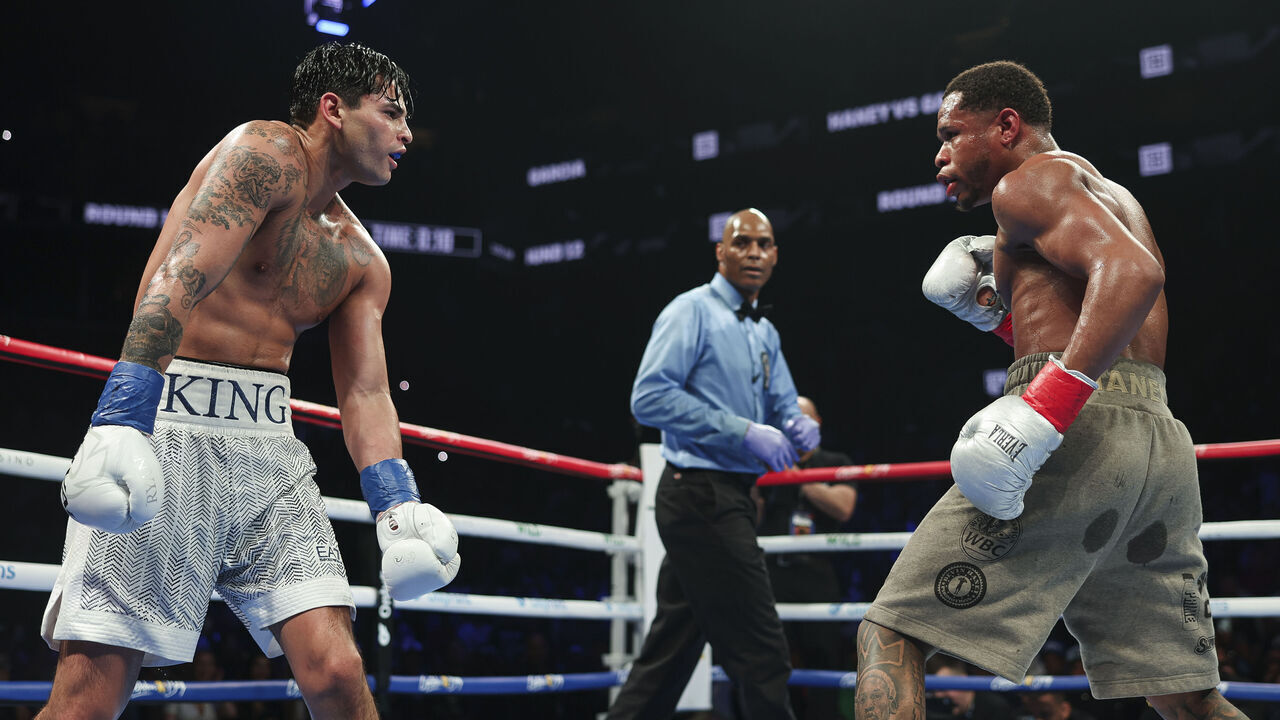 NEW YORK, NEW YORK - APRIL 20: Ryan Garcia gestures during a fight against Devin Haney at Barclays Center on April 20, 2024 in New York City.