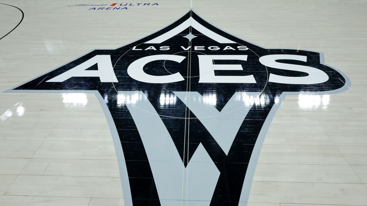 LAS VEGAS, NEVADA - MAY 18: A Las Vegas Aces logo is shown on center court after the team's 89-82 victory over the Los Angeles Sparks at Michelob ULTRA Arena on May 18, 2024 in Las Vegas, Nevada.