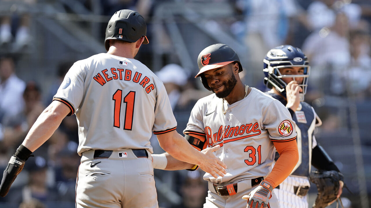 NEW YORK, NEW YORK - JUNE 20: Cedric Mullins #31 of the Baltimore Orioles celebrates his second inning two-run home run against the New York Yankees with Jordan Westburg #11 at Yankee Stadium on June 20, 2024 in New York City.