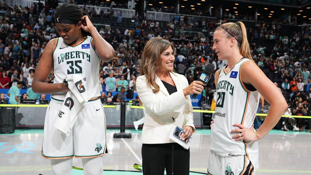 BROOKLYN, NY - JUNE 20: Sabrina Ionescu #20 of the New York Liberty talks to the media after the game against the Los Angeles Sparks on June 20, 2024 in Brooklyn, New York. Mandatory Copyright Notice: Copyright 2024 NBAE