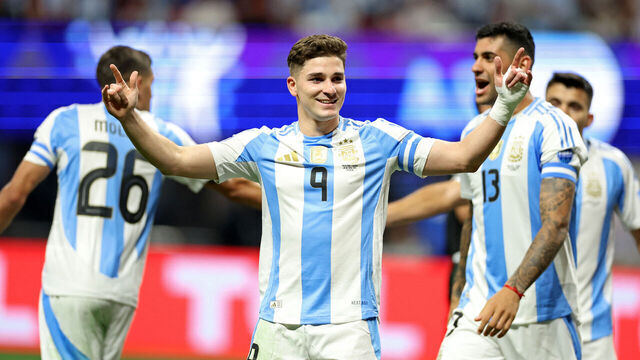 Argentina's forward #09 Julian Alvarez celebrates scoring his team's first goal during the Conmebol 2024 Copa America tournament group A football match between Argentina and Canada at Mercedes Benz Stadium in Atlanta, Georgia, on June 20, 2024.