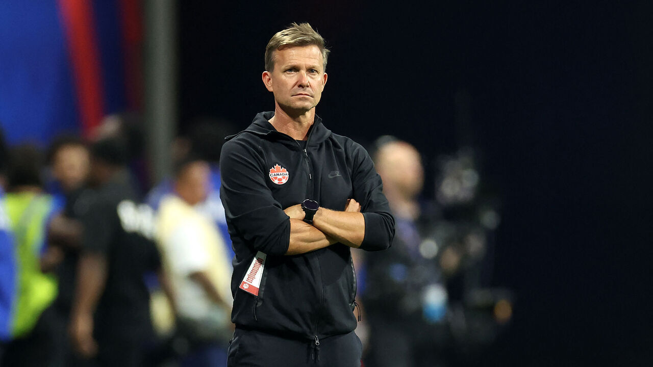 Canada's US coach Jesse Marsch watches his players from the touchline during the Conmebol 2024 Copa America tournament group A football match between Argentina and Canada at Mercedes Benz Stadium in Atlanta, Georgia, on June 20, 2024.