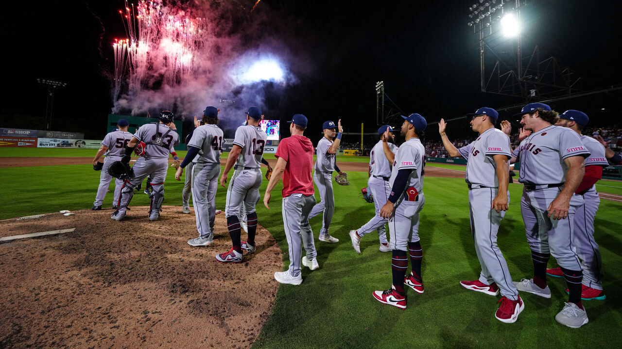 BIRMINGHAM, AL - JUNE 20: The St. Louis Cardinals celebrate after winning the 2024 Rickwood game between the San Francisco Giants and the St. Louis Cardinals at Rickwood Field on Thursday, June 20, 2024 in Birmingham, Alabama. The St. Louis Cardinals won 6-5.