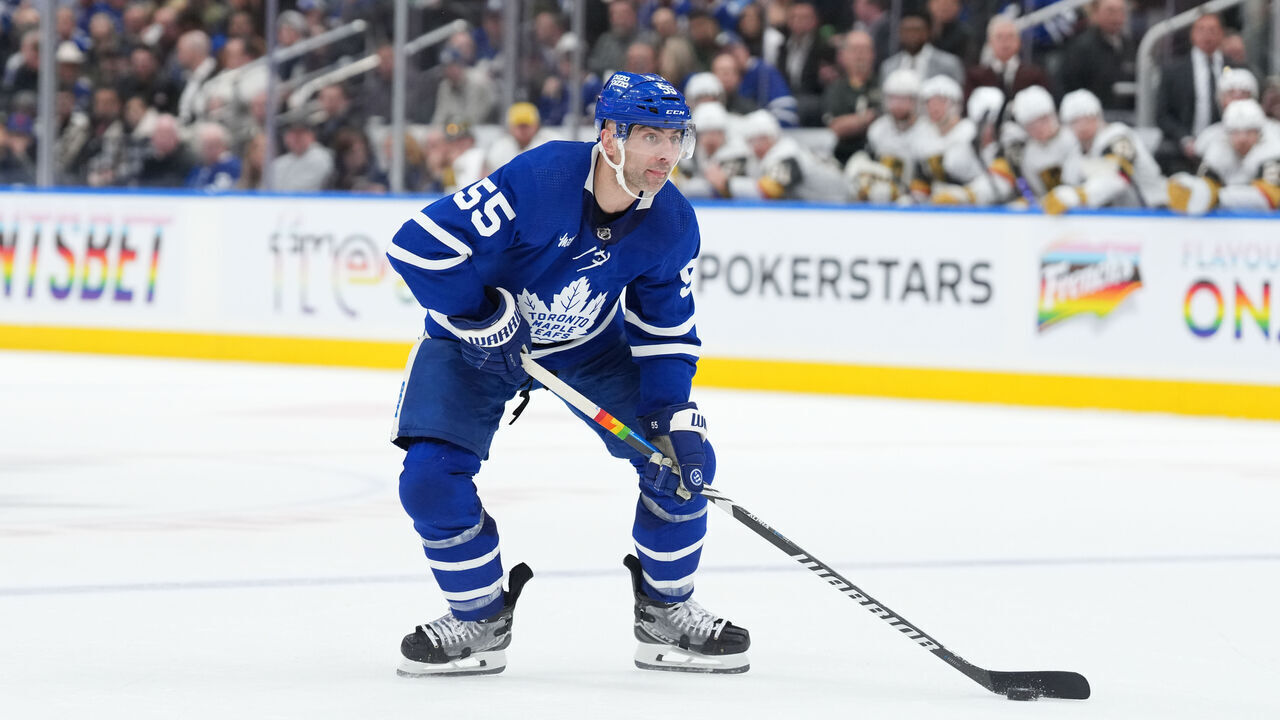 TORONTO, ON - FEBRUARY 27: Toronto Maple Leafs defenseman Mark Giordano (55) holds the puck along the blue line during the second period of the NHL regular season game between the Las Vegas Golden Knights and the Toronto Maple Leafs on February 27, 2024 at Scotiabank Arena in Toronto, ON.