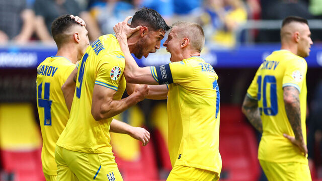 DUSSELDORF, GERMANY - JUNE 21: Roman Yaremchuk of Ukraine celebrates their second goal with Oleksandr Zinchenko of Ukraine during the UEFA EURO 2024 group stage match between Slovakia and Ukraine at Dusseldorf Arena on June 21, 2024 in Dusseldorf, Germany.