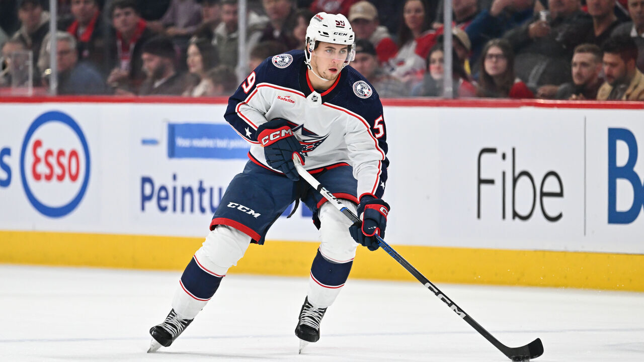 MONTREAL, CANADA - MARCH 12: Yegor Chinakhov #59 of the Columbus Blue Jackets skates the puck during the first period against the Montreal Canadiens at the Bell Centre on March 12, 2024 in Montreal, Quebec, Canada. The Montreal Canadiens defeated the Columbus Blue Jackets 3-0.
