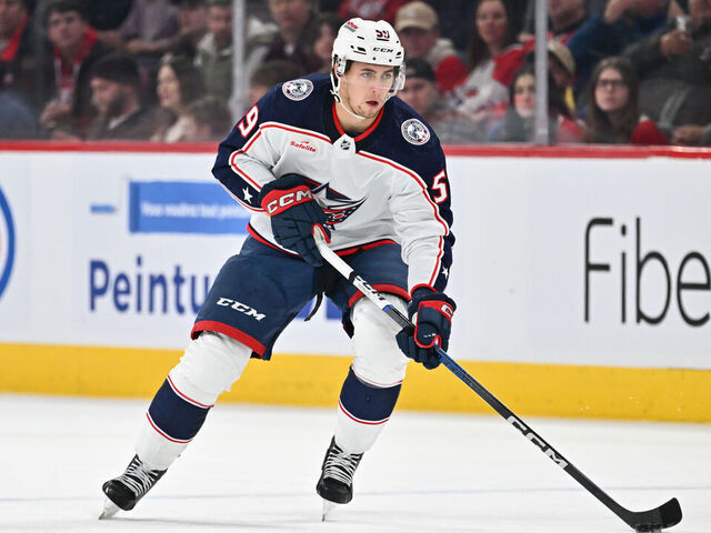 MONTREAL, CANADA - MARCH 12: Yegor Chinakhov #59 of the Columbus Blue Jackets skates the puck during the first period against the Montreal Canadiens at the Bell Centre on March 12, 2024 in Montreal, Quebec, Canada. The Montreal Canadiens defeated the Columbus Blue Jackets 3-0.