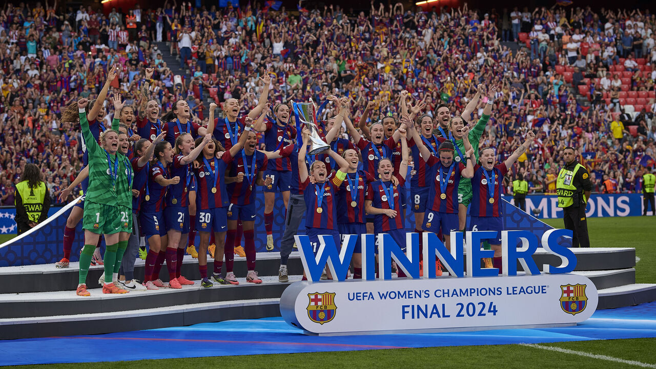 BILBAO, SPAIN - MAY 25: FC Barcelona celebrates 2024 UEFA Women's Champions League Final between FC Barcelona and Olympique Lyonnais at San Mames Stadium on May 25, 2024 in Bilbao, Spain.