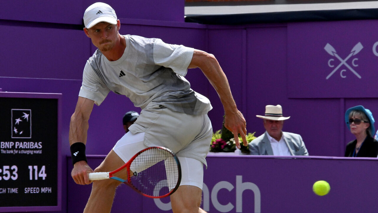 LONDON, ENGLAND - JUNE 21: Billy Harris of Great Britain in action against Lorenzo Musetti of Italy at The Queen's Club on June 21, 2024 in London, England.