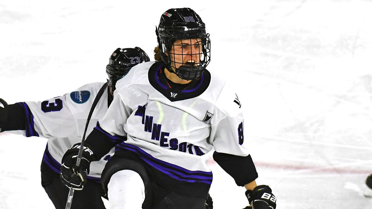 LOWELL, MASSACHUSETTS - MAY 29: Michela Cava #86 of Minnesota celebrates after scoring in the third period against Boston to put Minnesota up 2-0 during Game Five of the PWHL Finals at Tsongas Center on May 29, 2024 in Lowell, Massachusetts.