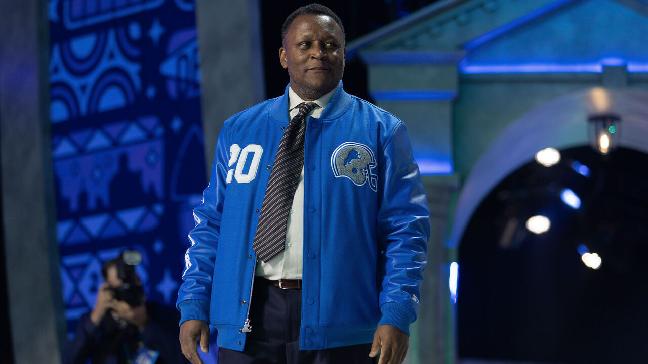 DETROIT, MI - APRIL 25: Detroit Lions Legend Barry Sanders during day 1 of the NFL Draft on April 25, 2024 at Fox Theatre in Detroit, MI.