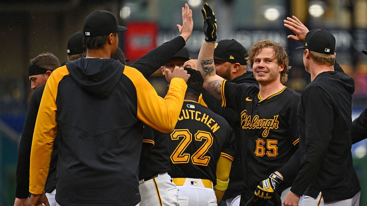PITTSBURGH, PENNSYLVANIA - MAY 4: Jack Suwinski #65 of the Pittsburgh Pirates celebrates with teammates after hitting a walk off single in the ninth inning to give the Pirates a 1-0 win over the Colorado Rockies during the game at PNC Park on May 4, 2024 in Pittsburgh, Pennsylvania.