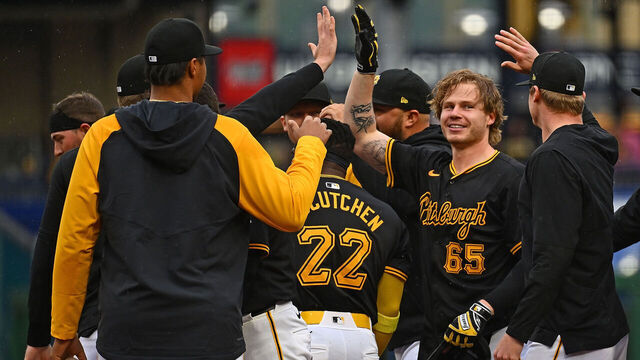 PITTSBURGH, PENNSYLVANIA - MAY 4: Jack Suwinski #65 of the Pittsburgh Pirates celebrates with teammates after hitting a walk off single in the ninth inning to give the Pirates a 1-0 win over the Colorado Rockies during the game at PNC Park on May 4, 2024 in Pittsburgh, Pennsylvania.