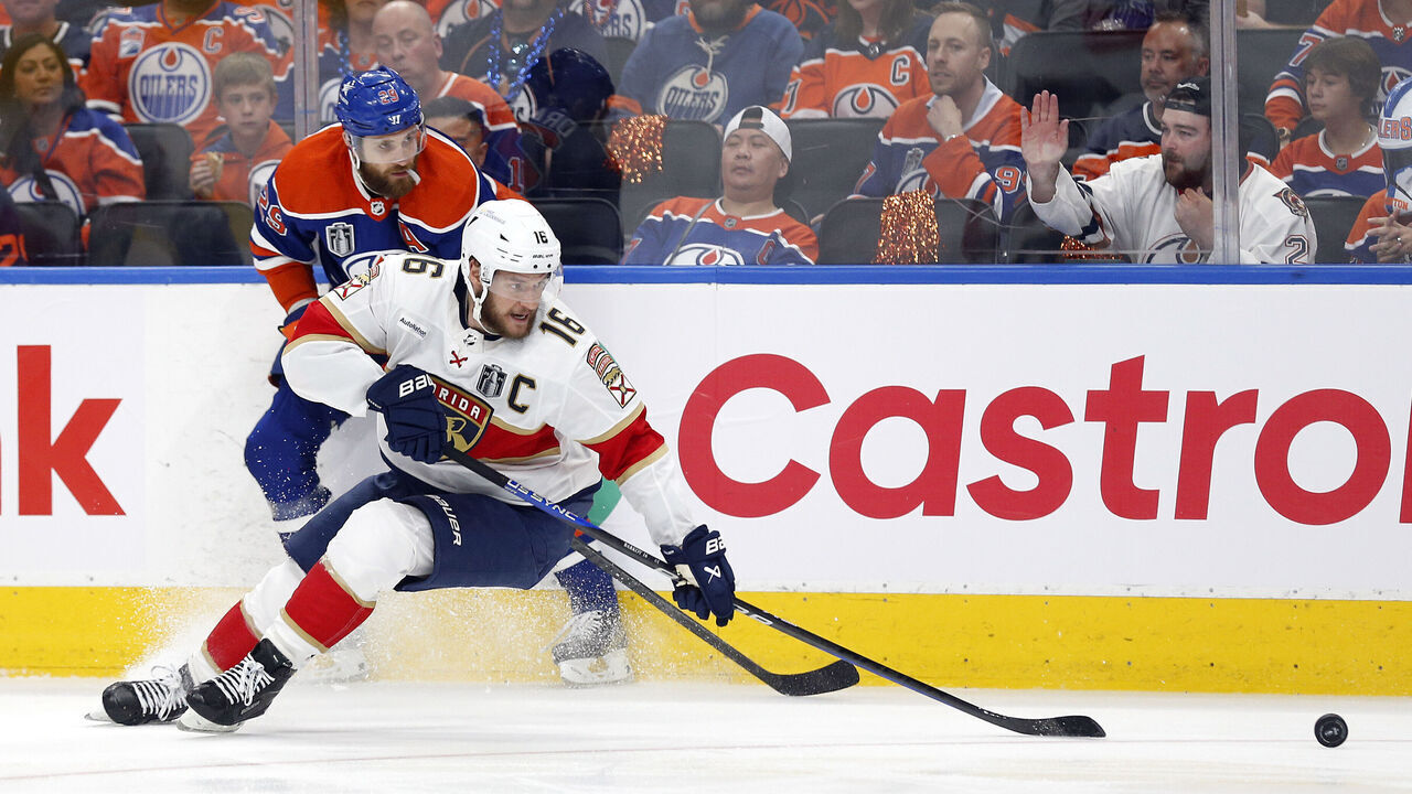 EDMONTON, ALBERTA - JUNE 21: Aleksander Barkov #16 of the Florida Panthers skates past Leon Draisaitl #29 of the Edmonton Oilers during the first period of Game Six of the 2024 Stanley Cup Final at Rogers Place on June 21, 2024 in Edmonton, Alberta.