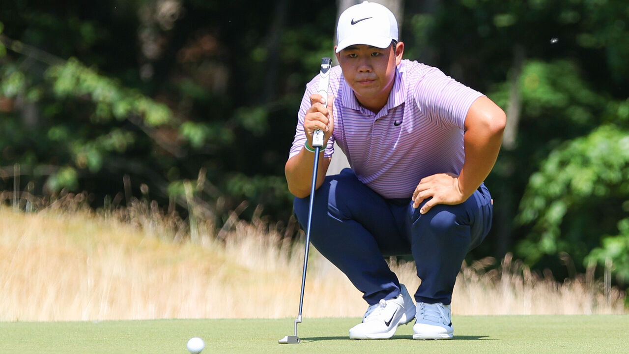 CROMWELL, CT - JUNE 21: Tom Kim of Republic of Korea on the 14th green during the second round of the 2024 Travelers Championship on June 21, 2024, at TPC River Highlands in Cromwell, CT.