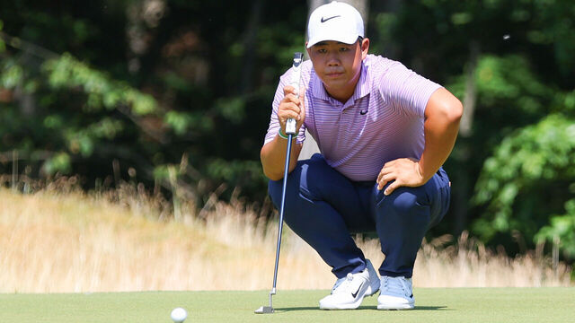 CROMWELL, CT - JUNE 21: Tom Kim of Republic of Korea on the 14th green during the second round of the 2024 Travelers Championship on June 21, 2024, at TPC River Highlands in Cromwell, CT.