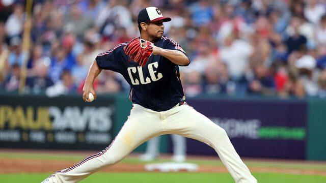 CLEVELAND, OH - JUNE 21: Cleveland Guardians starting pitcher Carlos Carrasco (59) delivers a pitch to the plate during the sixth inning of the Major League Baseball game between the Toronto Blue Jays and Cleveland Guardians on June 21, 2024, at Progressive Field in Cleveland, OH.