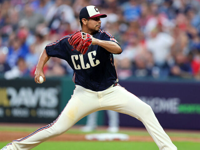CLEVELAND, OH - JUNE 21: Cleveland Guardians starting pitcher Carlos Carrasco (59) delivers a pitch to the plate during the sixth inning of the Major League Baseball game between the Toronto Blue Jays and Cleveland Guardians on June 21, 2024, at Progressive Field in Cleveland, OH.
