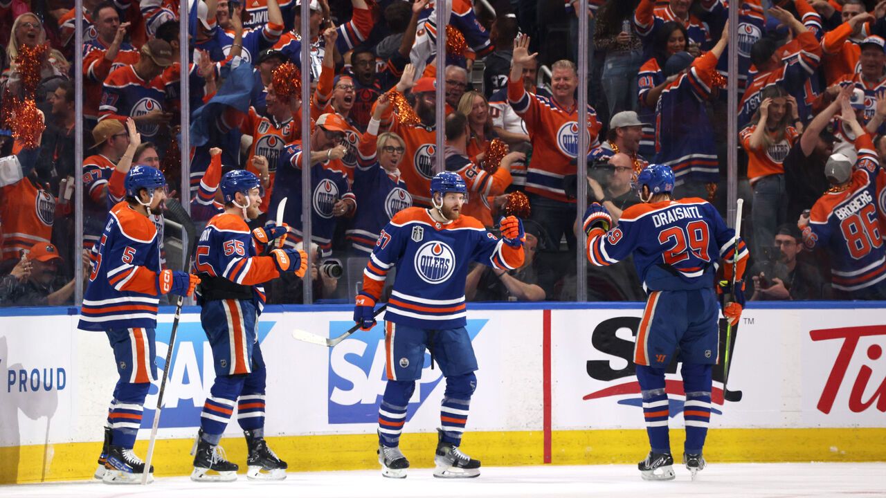 EDMONTON, ALBERTA - JUNE 21: Warren Foegele #37 of the Edmonton Oilers celebrates with Leon Draisaitl #29, Cody Ceci #5 and Dylan Holloway #55 after scoring during the first period of Game Six of the 2024 Stanley Cup Final between Florida Panthers and the Edmonton Oilers at Rogers Place on June 21, 2024 in Edmonton, Alberta.