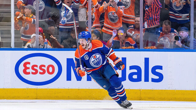EDMONTON, CANADA - JUNE 21: Mattias Janmark #13 of the Edmonton Oilers celebrates a second-period goal against the Florida Panthers from teammate Adam Henrique #19 in Game Six of the 2024 Stanley Cup Final at Rogers Place on June 21, 2024, in Edmonton, Alberta, Canada.