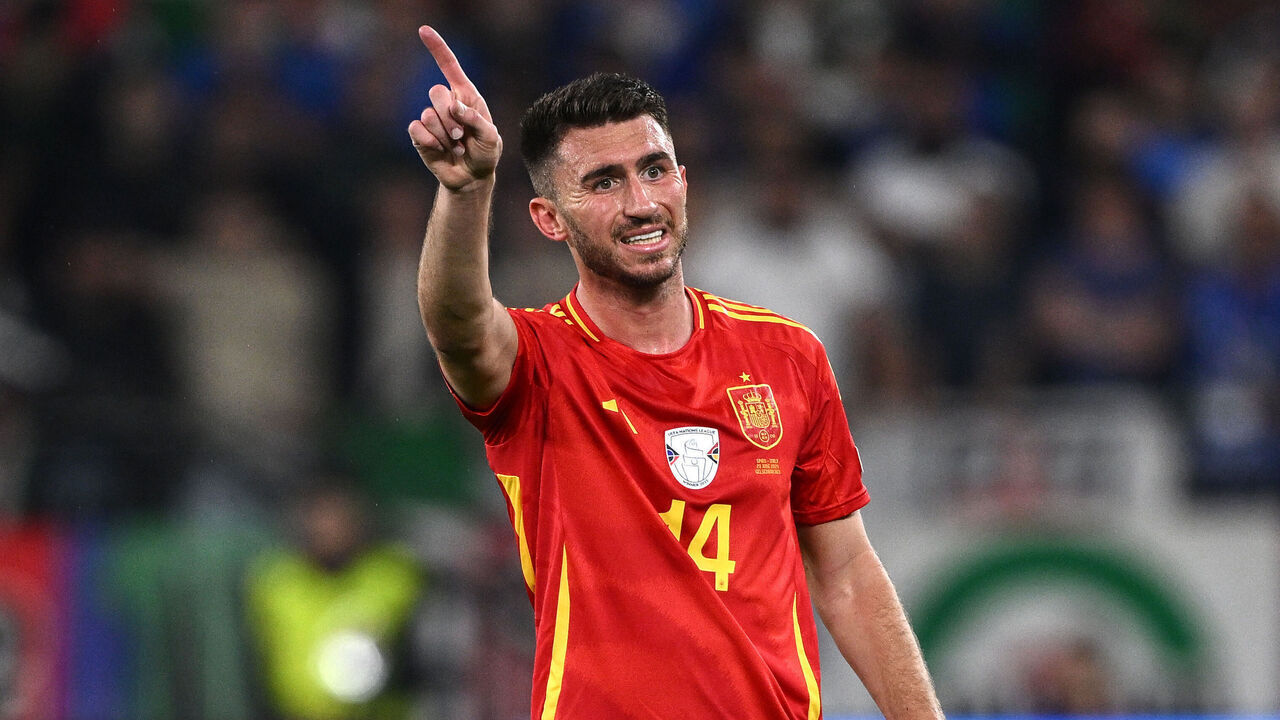GELSENKIRCHEN, GERMANY - JUNE 20: Aymeric Laporte of Spain reacts during the UEFA EURO 2024 group stage match between Spain and Italy at Arena AufSchalke on June 20, 2024 in Gelsenkirchen, Germany.