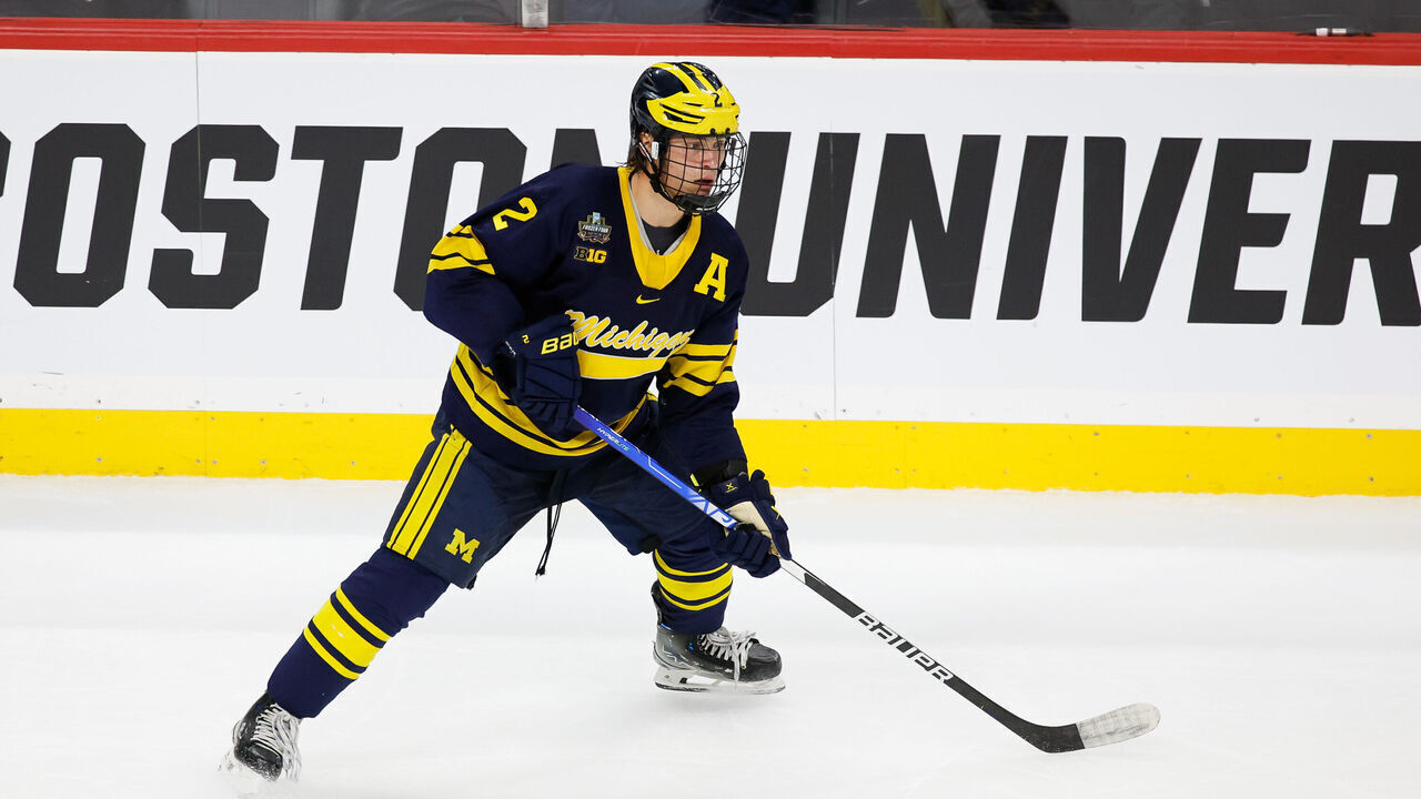 ST. PAUL, MINNESOTA - APRIL 11: Rutger McGroarty #2 of the Michigan Wolverines skates against the Boston College Eagles during the NCAA Mens Hockey Frozen Four semifinal at the Xcel Energy Center on April 11, 2024 in St. Paul, Minnesota. The Eagles won 4-0 to advance to the national championship game against the Denver Pioneers.