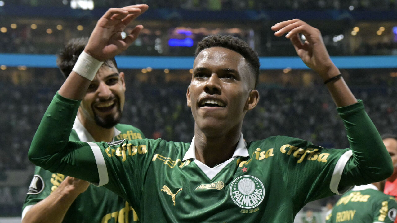 Palmeiras' forward Estevao Willian celebrates after scoring a goal during the Copa Libertadores group stage first leg football match between Brazil's Palmeiras and Uruguay's Liverpool at the Allianz Parque stadium in Sao Paulo, Brazil, on April 11, 2024.