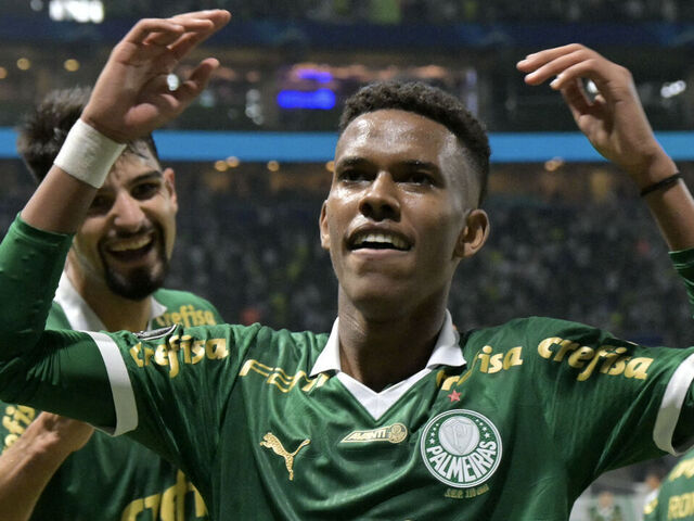 Palmeiras' forward Estevao Willian celebrates after scoring a goal during the Copa Libertadores group stage first leg football match between Brazil's Palmeiras and Uruguay's Liverpool at the Allianz Parque stadium in Sao Paulo, Brazil, on April 11, 2024.