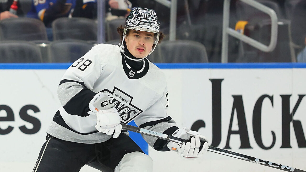 ST LOUIS, MISSOURI - MARCH 13: Alex Turcotte #38 of the Los Angeles Kings skates against the St. Louis Blues at Enterprise Center on March 13, 2024 in St Louis, Missouri.