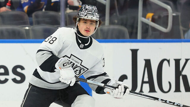 ST LOUIS, MISSOURI - MARCH 13: Alex Turcotte #38 of the Los Angeles Kings skates against the St. Louis Blues at Enterprise Center on March 13, 2024 in St Louis, Missouri.